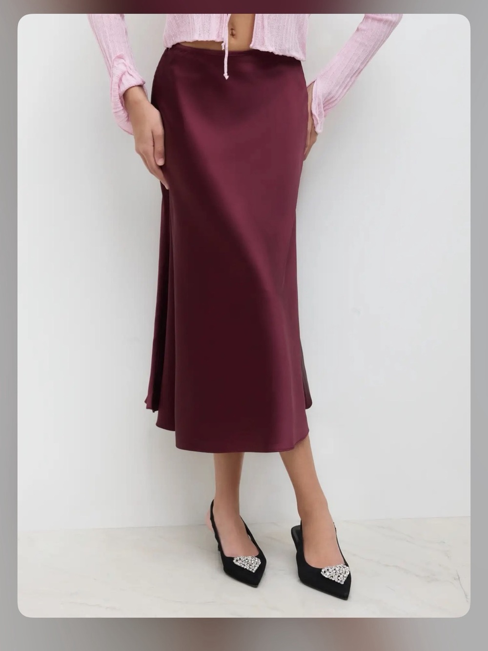 BURGUNDY SATIN SOLID RUFFLE MAXI SKIRT S